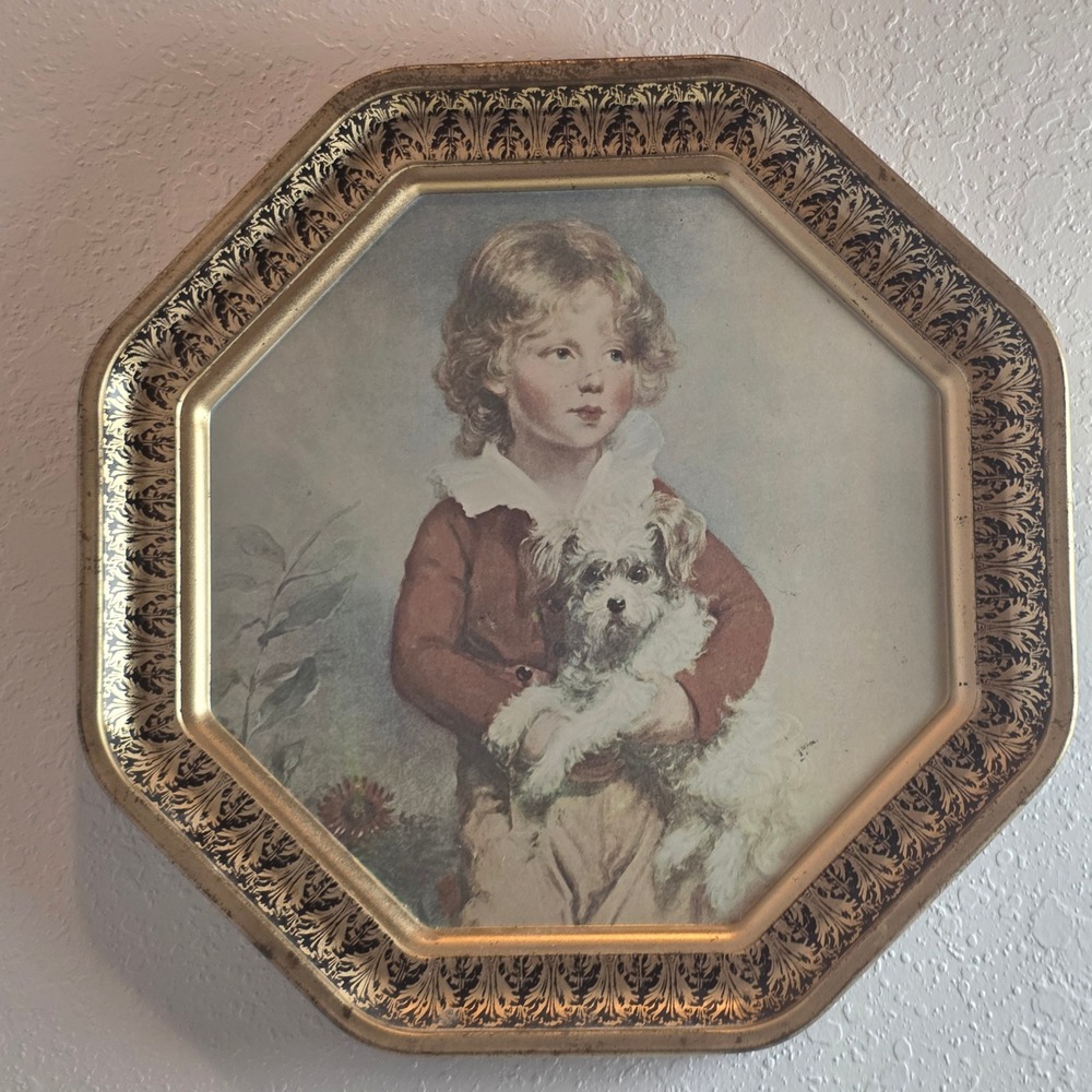 Vintage Octagonal Metal Portrait Boy with‎ Dog Gold Filigree Border - Picture 11 of 12